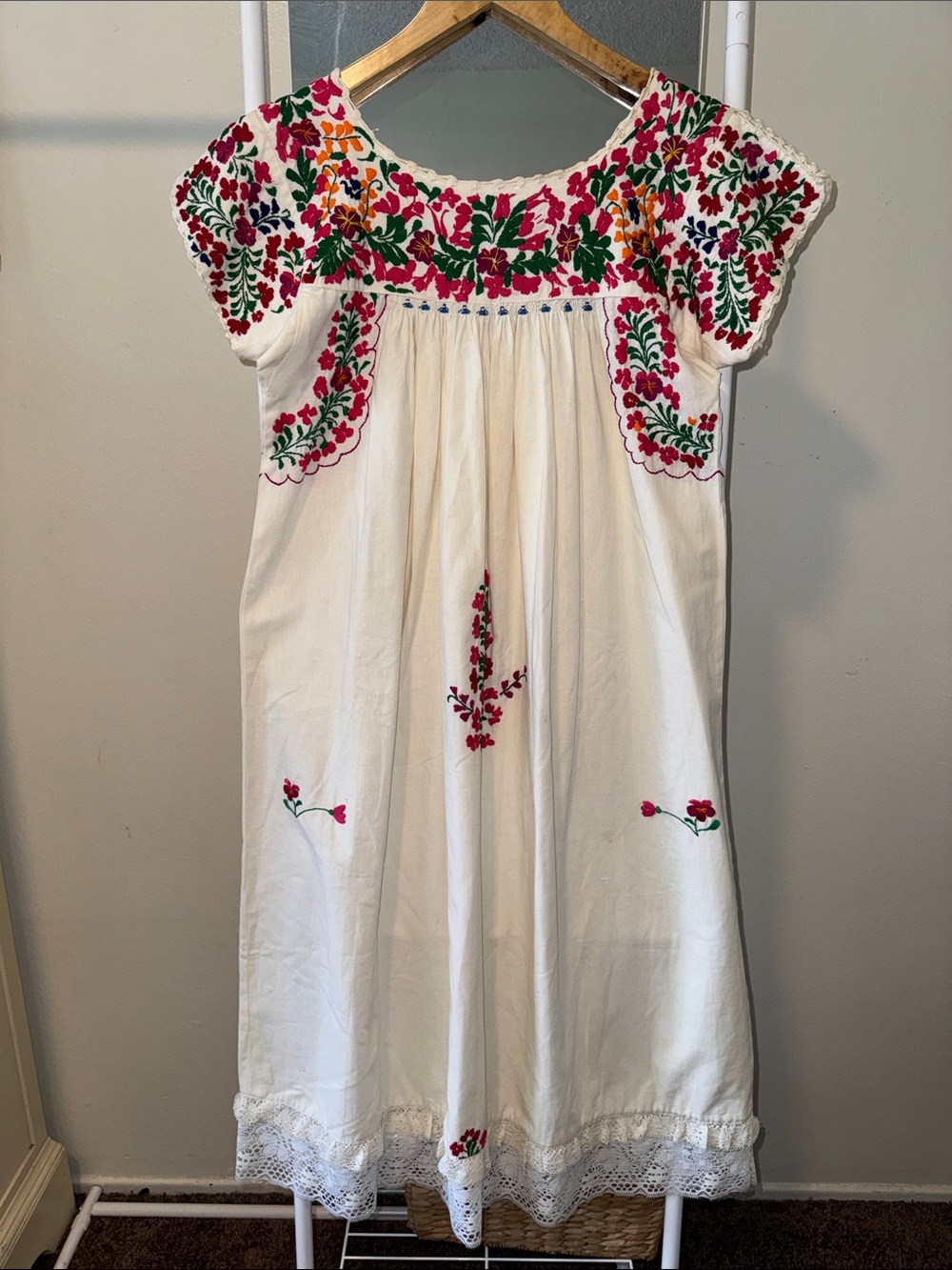 Vintage Huipil Dress White Embroidered Floral Peasant Dress